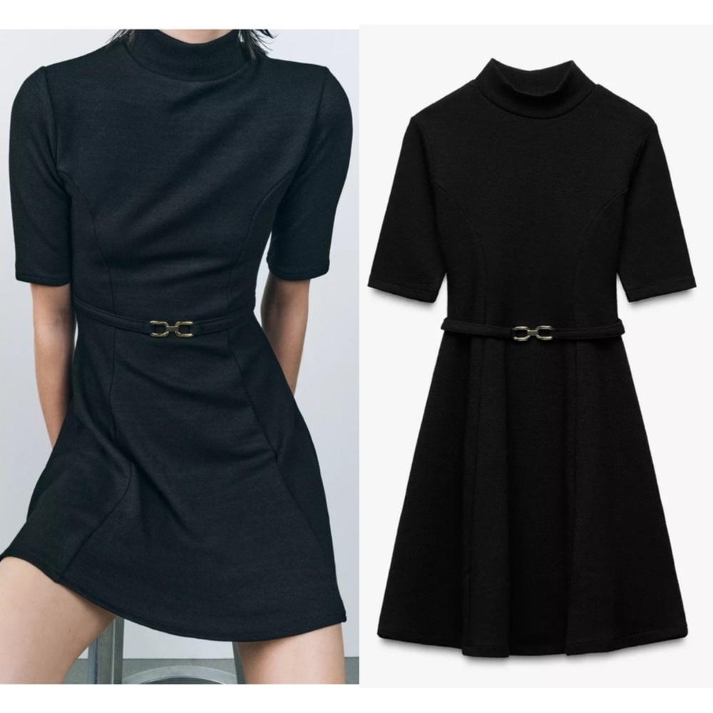 Zara NWT buckled knit short sleeve black mini dress skater flared hem skirt - Picture 2 of 13
